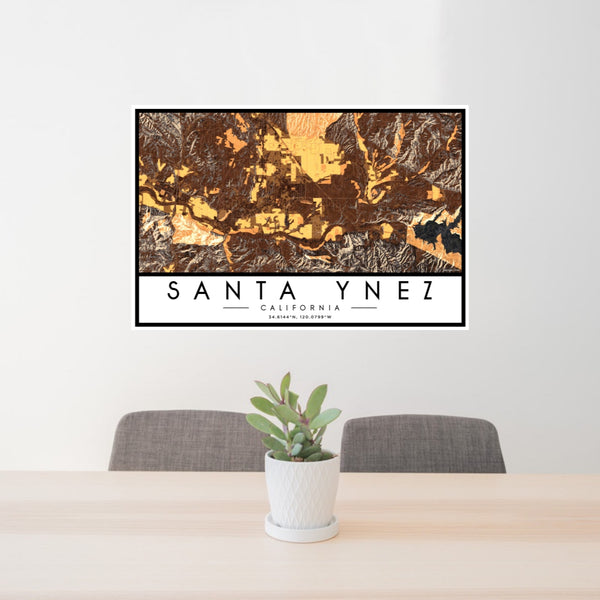 24x36 Santa Ynez California Map Print Landscape Orientation in Ember Style Behind 2 Chairs Table and Potted Plant