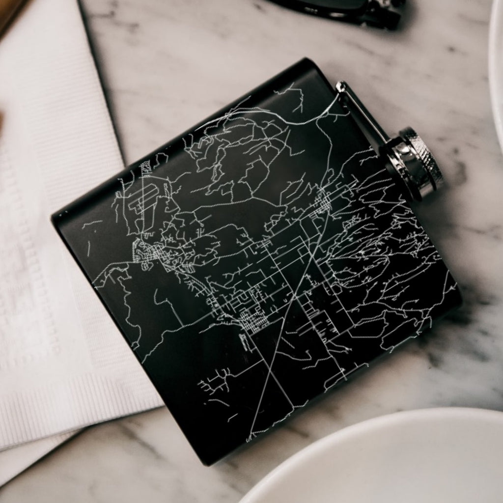 Santa Ynez California Custom Engraved City Map Inscription Coordinates on 6oz Stainless Steel Flask in Black