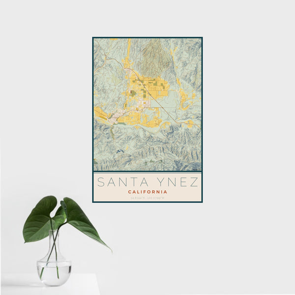 16x24 Santa Ynez California Map Print Portrait Orientation in Woodblock Style With Tropical Plant Leaves in Water