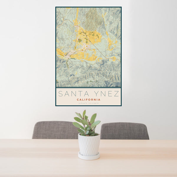 24x36 Santa Ynez California Map Print Portrait Orientation in Woodblock Style Behind 2 Chairs Table and Potted Plant