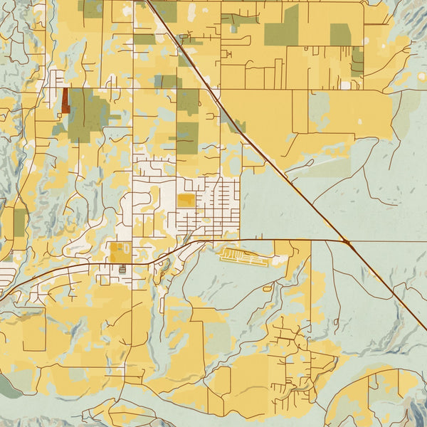 Santa Ynez California Map Print in Woodblock Style Zoomed In Close Up Showing Details
