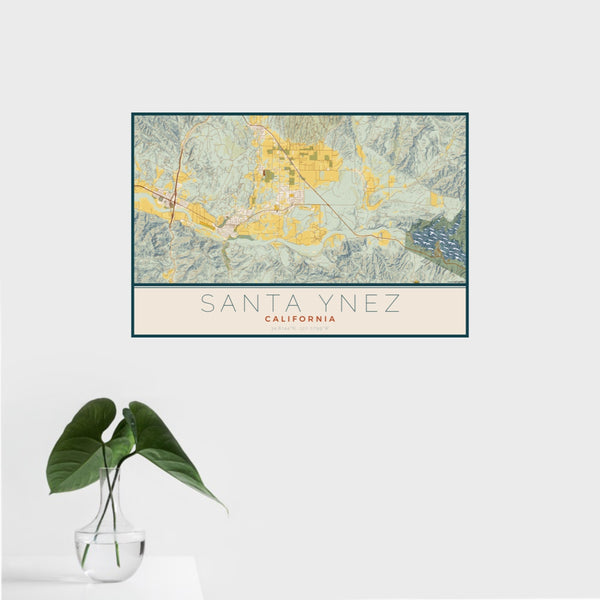 16x24 Santa Ynez California Map Print Landscape Orientation in Woodblock Style With Tropical Plant Leaves in Water