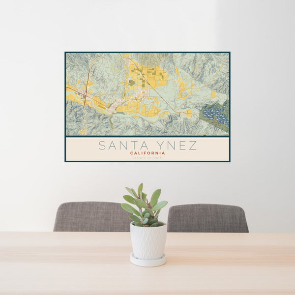 24x36 Santa Ynez California Map Print Landscape Orientation in Woodblock Style Behind 2 Chairs Table and Potted Plant