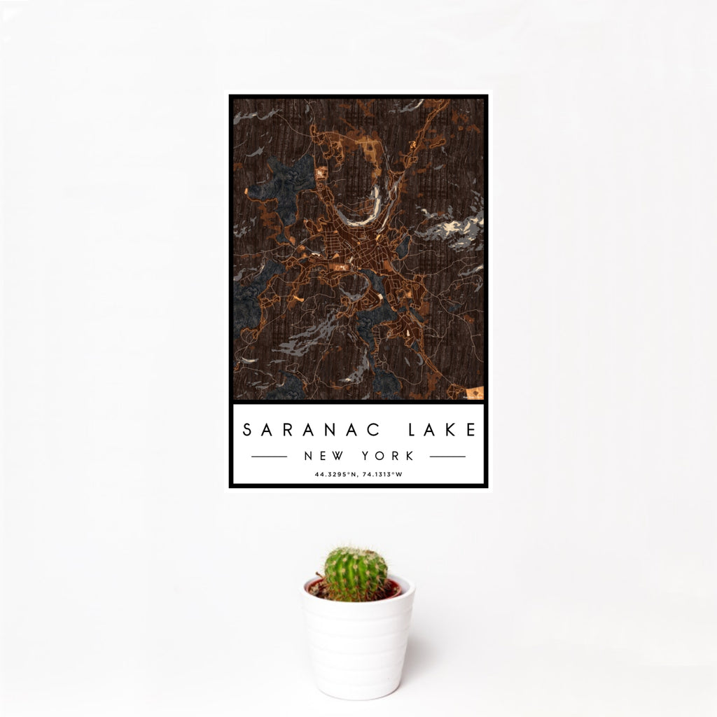 12x18 Saranac Lake New York Map Print Portrait Orientation in Ember Style With Small Cactus Plant in White Planter