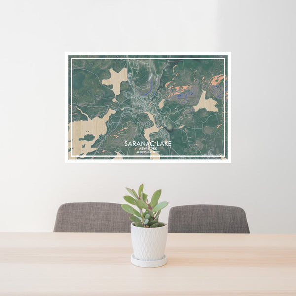 24x36 Saranac Lake New York Map Print Lanscape Orientation in Afternoon Style Behind 2 Chairs Table and Potted Plant