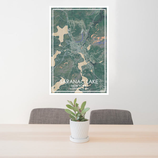 24x36 Saranac Lake New York Map Print Portrait Orientation in Afternoon Style Behind 2 Chairs Table and Potted Plant