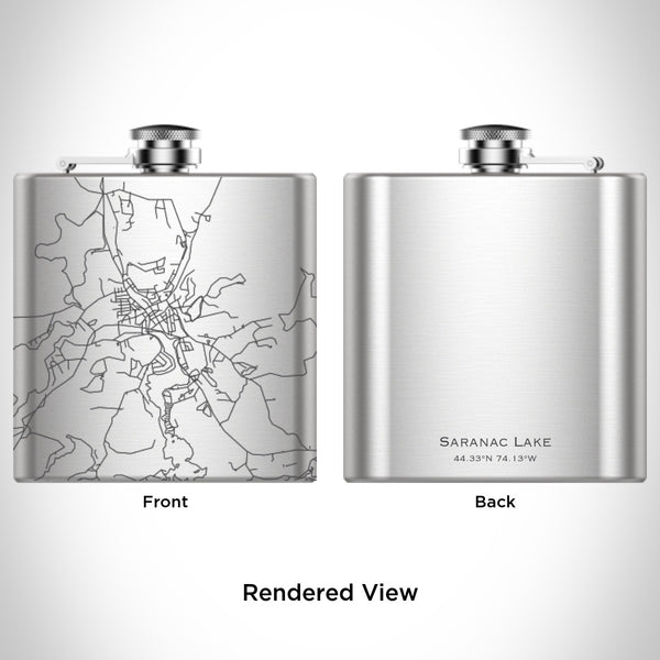Rendered View of Saranac Lake New York Map Engraving on 6oz Stainless Steel Flask