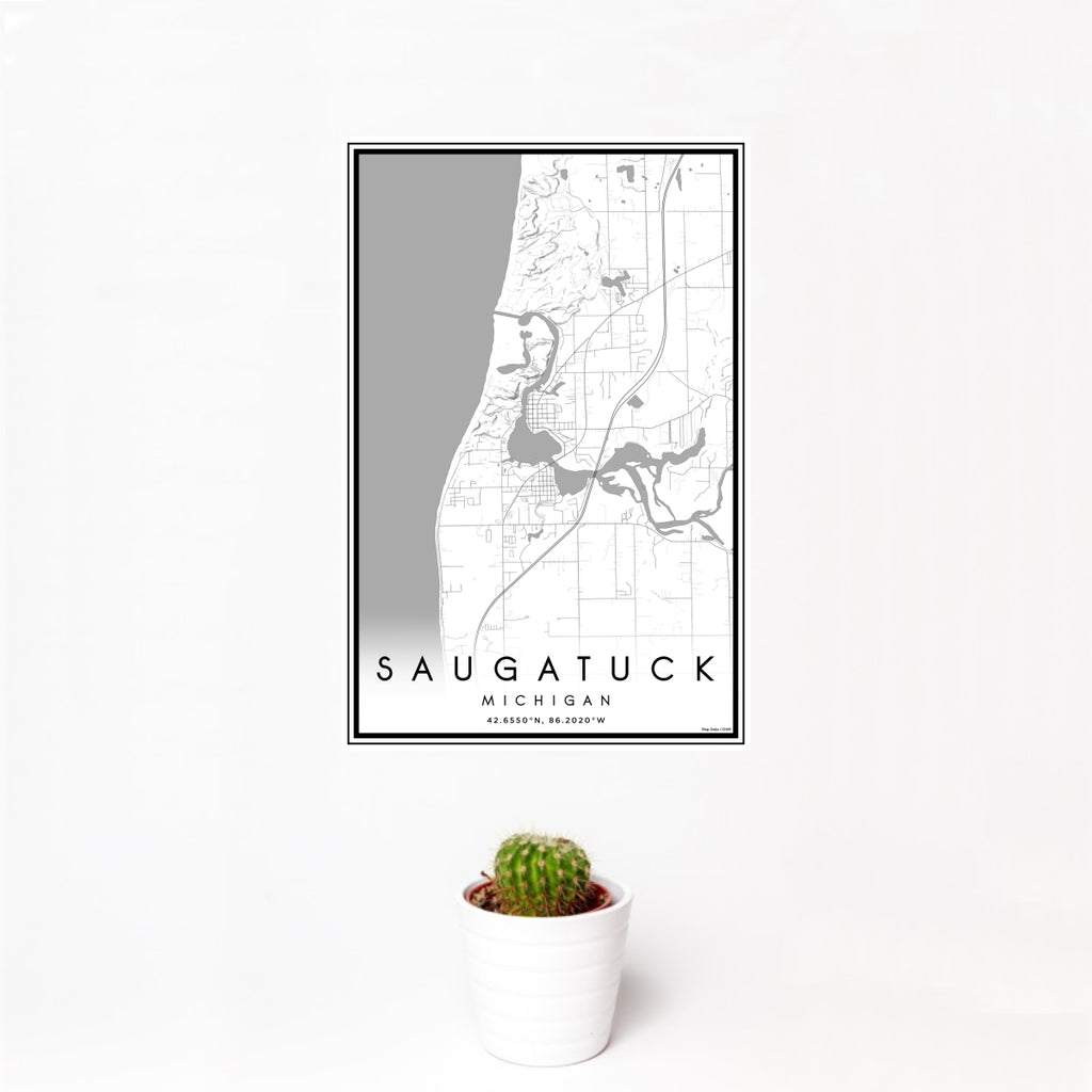 12x18 Saugatuck Michigan Map Print Portrait Orientation in Classic Style With Small Cactus Plant in White Planter