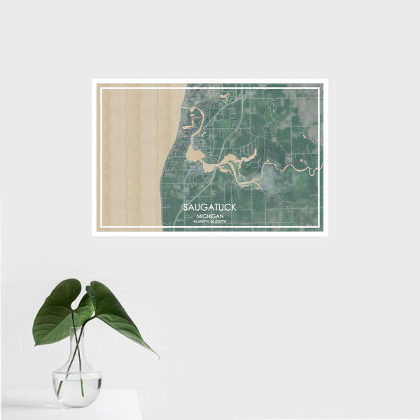 16x24 Saugatuck Michigan Map Print Landscape Orientation in Afternoon Style With Tropical Plant Leaves in Water