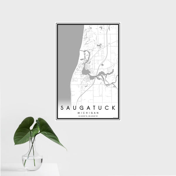 16x24 Saugatuck Michigan Map Print Portrait Orientation in Classic Style With Tropical Plant Leaves in Water