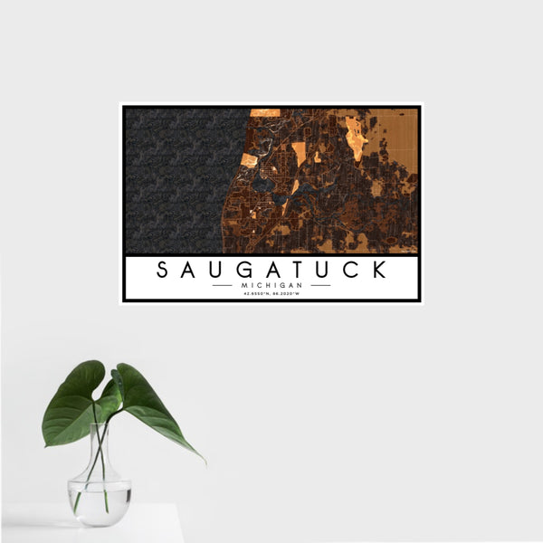 16x24 Saugatuck Michigan Map Print Landscape Orientation in Ember Style With Tropical Plant Leaves in Water