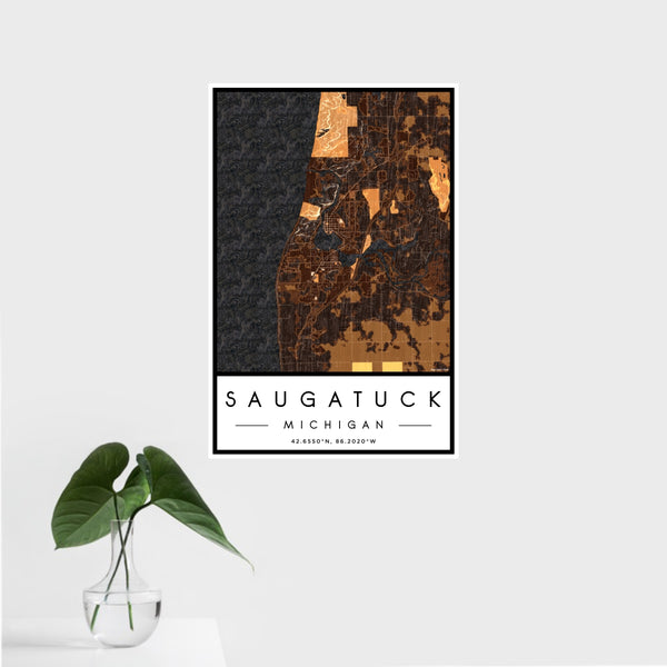 16x24 Saugatuck Michigan Map Print Portrait Orientation in Ember Style With Tropical Plant Leaves in Water