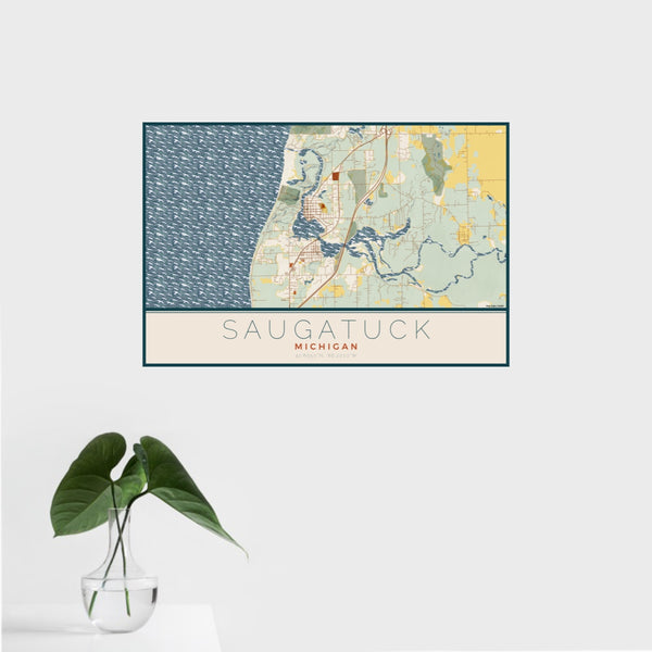 16x24 Saugatuck Michigan Map Print Landscape Orientation in Woodblock Style With Tropical Plant Leaves in Water