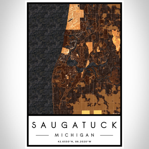 Saugatuck Michigan Map Print Portrait Orientation in Ember Style With Shaded Background