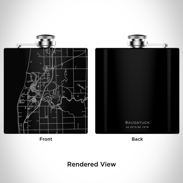 Rendered View of Saugatuck Michigan Map Engraving on 6oz Stainless Steel Flask in Black