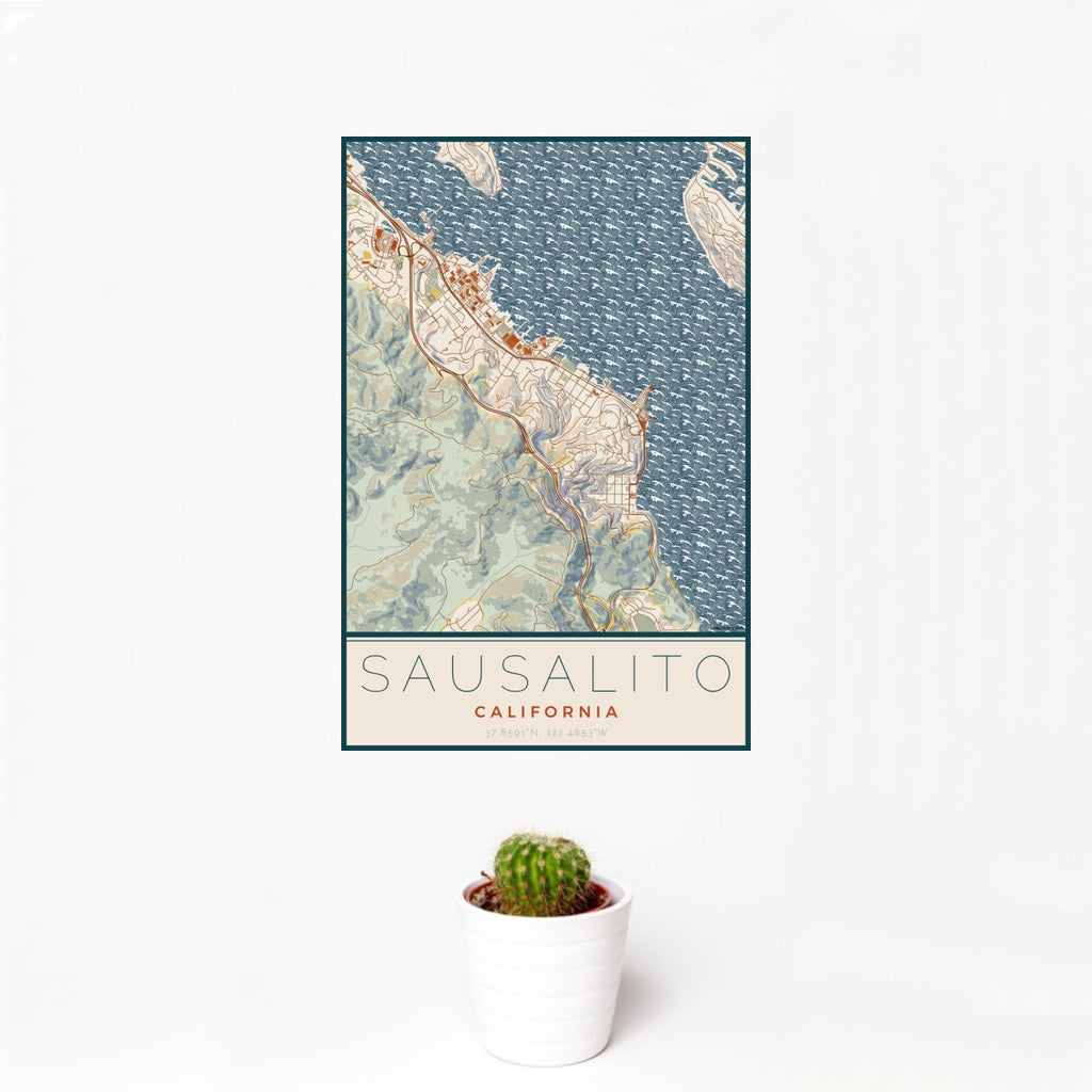Sausalito - California Map Print in Woodblock