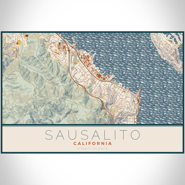 Sausalito - California Map Print in Woodblock