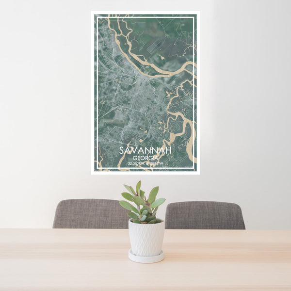 24x36 Savannah Georgia Map Print Portrait Orientation in Afternoon Style Behind 2 Chairs Table and Potted Plant
