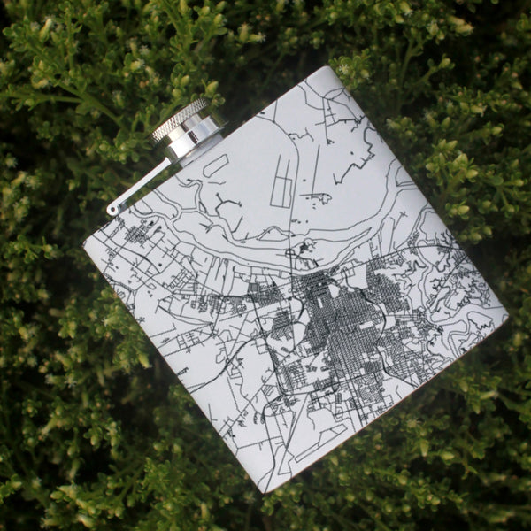 Savannah Georgia Custom Engraved City Map Inscription Coordinates on 6oz Stainless Steel Flask in White