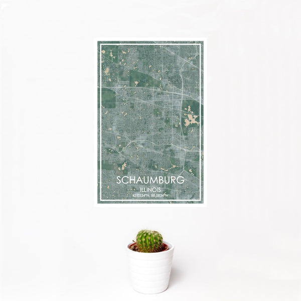 12x18 Schaumburg Illinois Map Print Portrait Orientation in Afternoon Style With Small Cactus Plant in White Planter