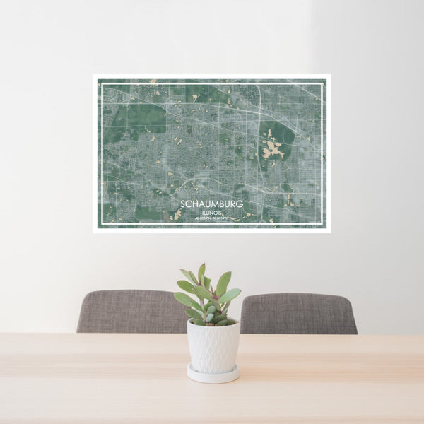 24x36 Schaumburg Illinois Map Print Lanscape Orientation in Afternoon Style Behind 2 Chairs Table and Potted Plant