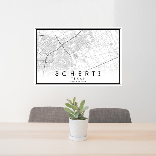 24x36 Schertz Texas Map Print Lanscape Orientation in Classic Style Behind 2 Chairs Table and Potted Plant