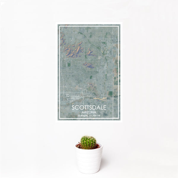 12x18 Scottsdale Arizona Map Print Portrait Orientation in Afternoon Style With Small Cactus Plant in White Planter