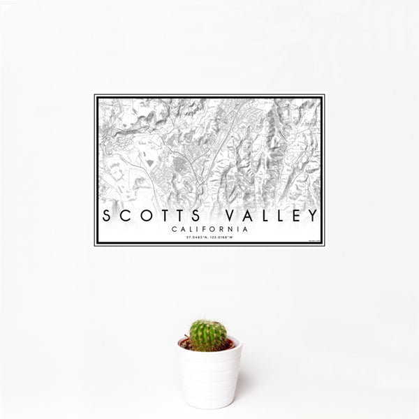 12x18 Scotts Valley California Map Print Landscape Orientation in Classic Style With Small Cactus Plant in White Planter