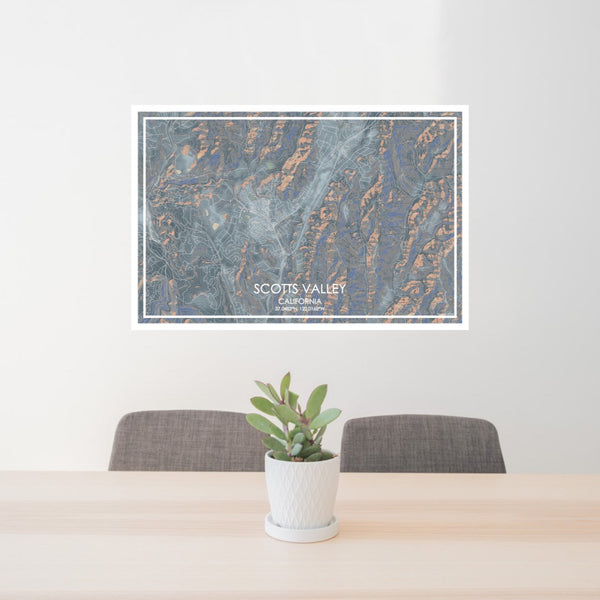 24x36 Scotts Valley California Map Print Lanscape Orientation in Afternoon Style Behind 2 Chairs Table and Potted Plant