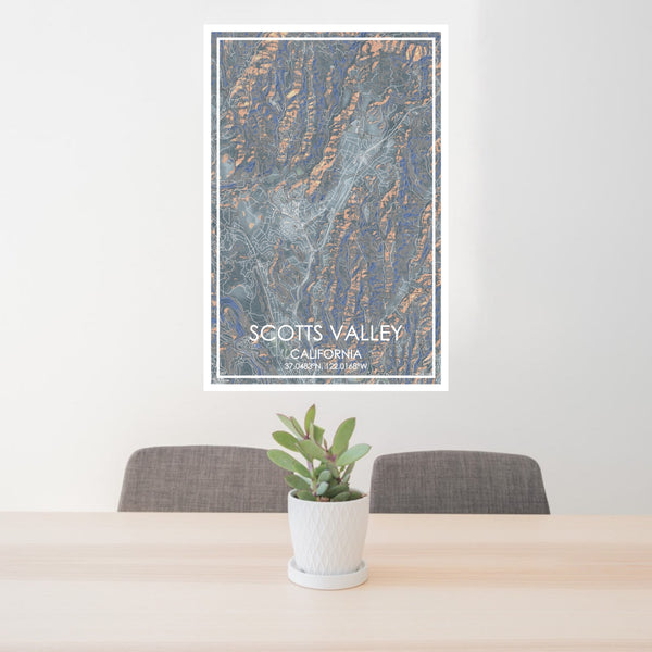 24x36 Scotts Valley California Map Print Portrait Orientation in Afternoon Style Behind 2 Chairs Table and Potted Plant