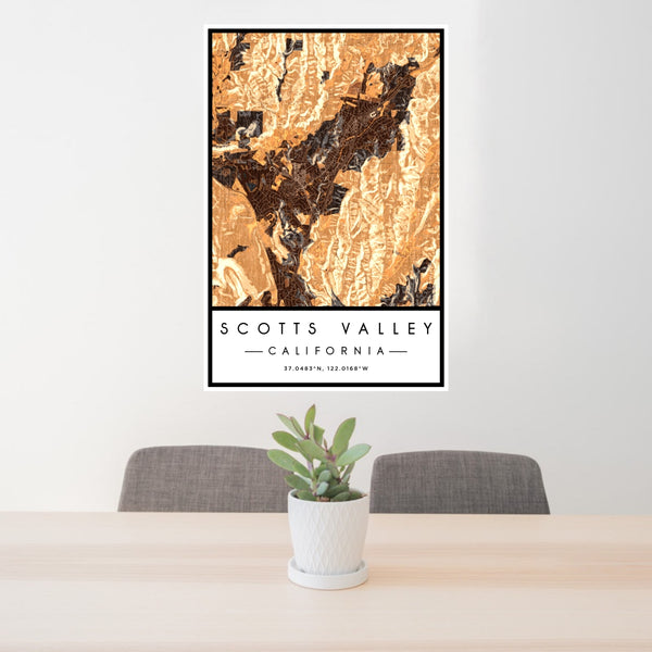 24x36 Scotts Valley California Map Print Portrait Orientation in Ember Style Behind 2 Chairs Table and Potted Plant