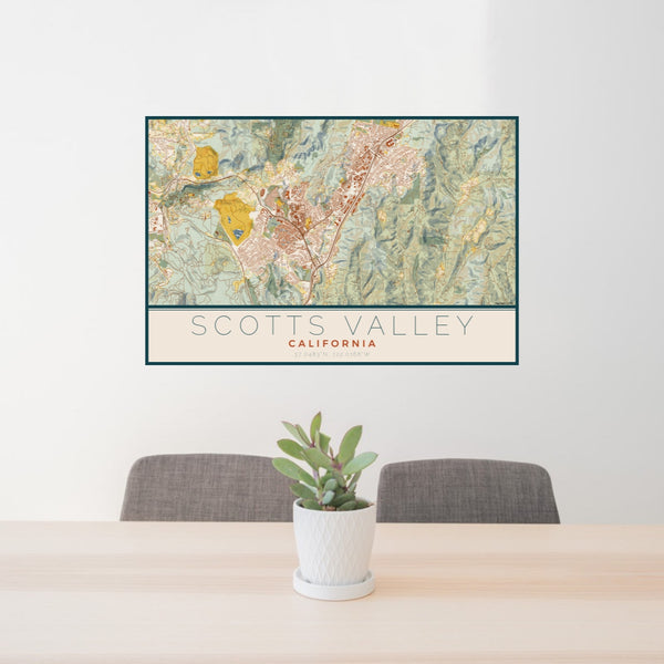 24x36 Scotts Valley California Map Print Lanscape Orientation in Woodblock Style Behind 2 Chairs Table and Potted Plant