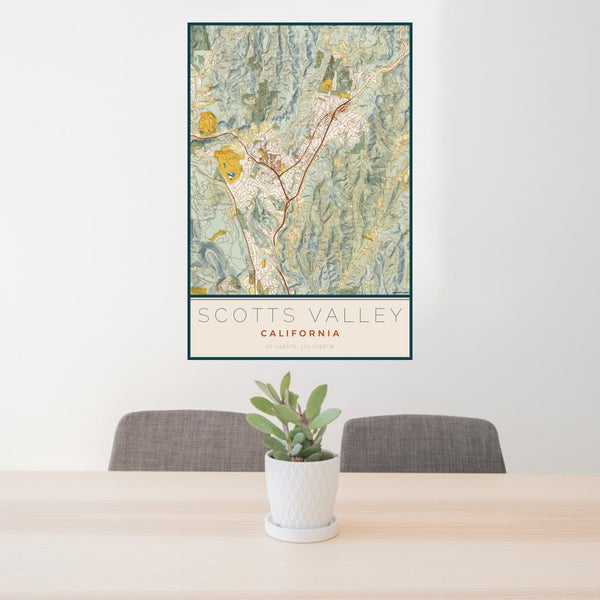 24x36 Scotts Valley California Map Print Portrait Orientation in Woodblock Style Behind 2 Chairs Table and Potted Plant