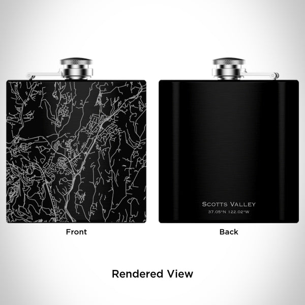 Rendered View of Scotts Valley California Map Engraving on 6oz Stainless Steel Flask in Black