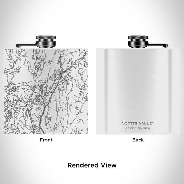 Rendered View of Scotts Valley California Map Engraving on 6oz Stainless Steel Flask in White