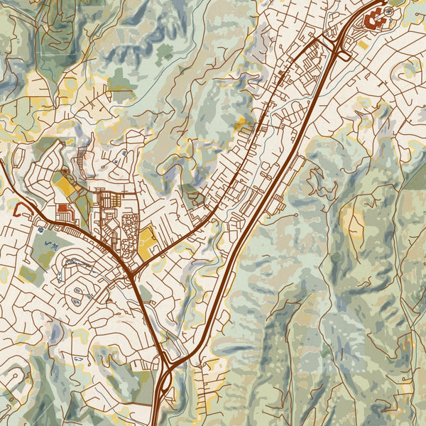 Scotts Valley California Map Print in Woodblock Style Zoomed In Close Up Showing Details