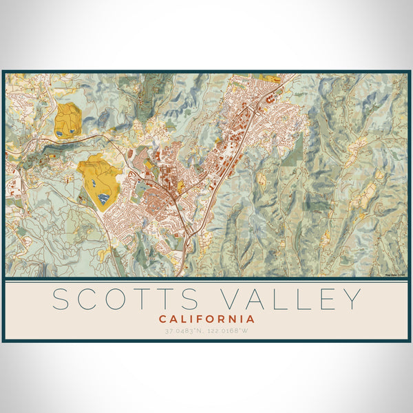 Scotts Valley California Map Print Landscape Orientation in Woodblock Style With Shaded Background