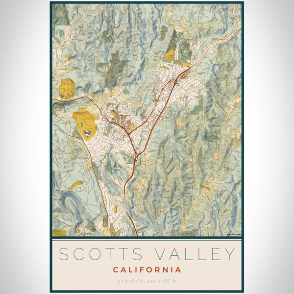 Scotts Valley California Map Print Portrait Orientation in Woodblock Style With Shaded Background