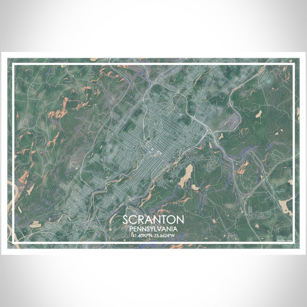 Scranton Pennsylvania Map Print Landscape Orientation in Afternoon Style With Shaded Background