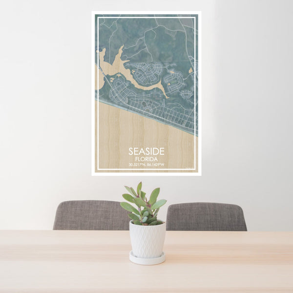 24x36 Seaside Florida Map Print Portrait Orientation in Afternoon Style Behind 2 Chairs Table and Potted Plant