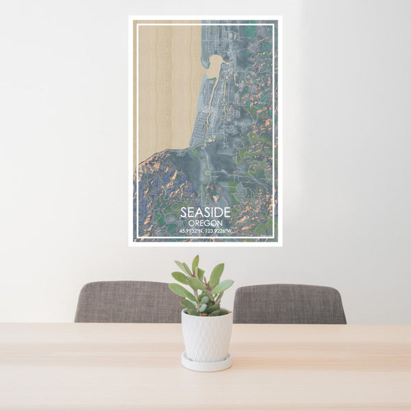 24x36 Seaside Oregon Map Print Portrait Orientation in Afternoon Style Behind 2 Chairs Table and Potted Plant