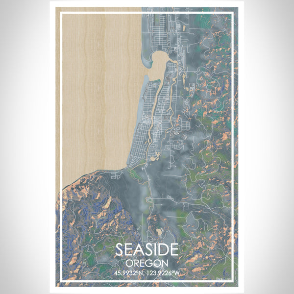 Seaside Oregon Map Print Portrait Orientation in Afternoon Style With Shaded Background