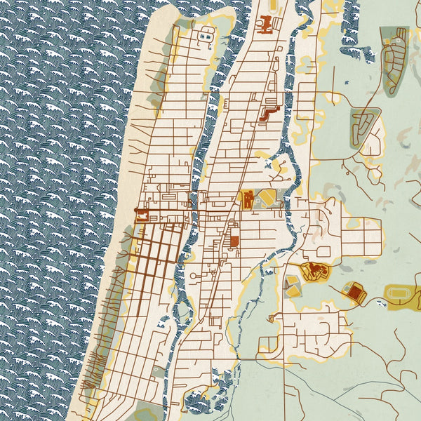 Seaside Oregon Map Print in Woodblock Style Zoomed In Close Up Showing Details