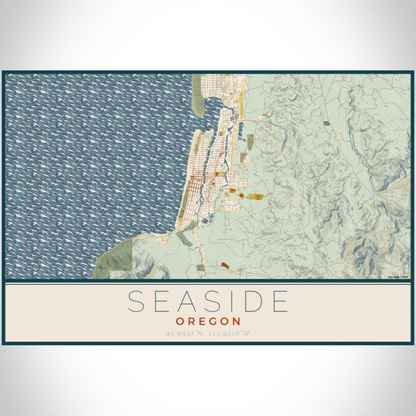 Seaside Oregon Map Print Landscape Orientation in Woodblock Style With Shaded Background