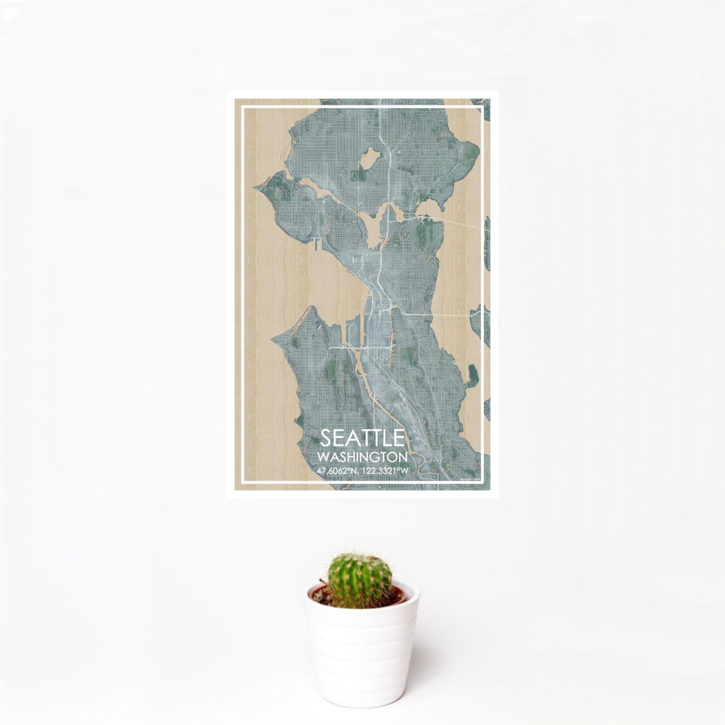 12x18 Seattle Washington Map Print Portrait Orientation in Afternoon Style With Small Cactus Plant in White Planter