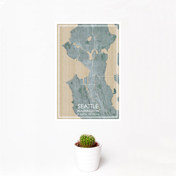 12x18 Seattle Washington Map Print Portrait Orientation in Afternoon Style With Small Cactus Plant in White Planter