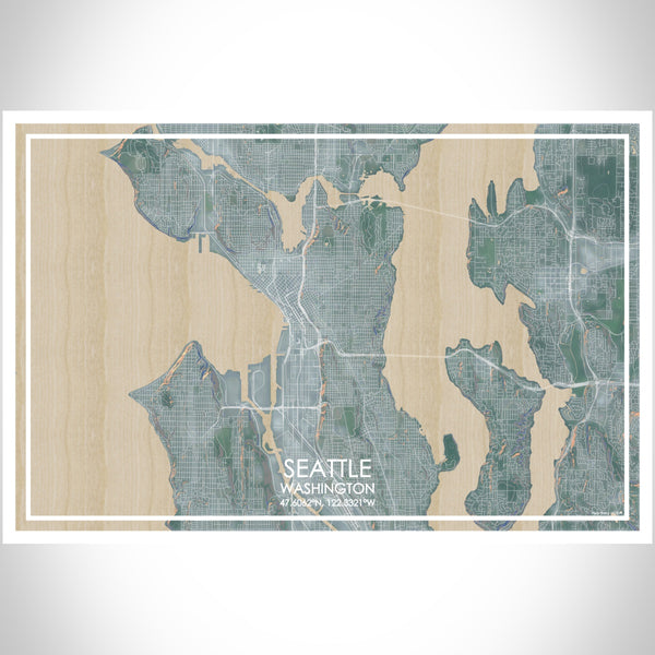 Seattle Washington Map Print Landscape Orientation in Afternoon Style With Shaded Background