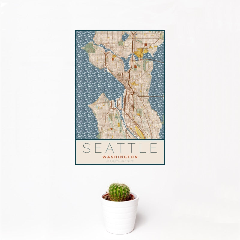 Seattle - Washington Map Print in Woodblock