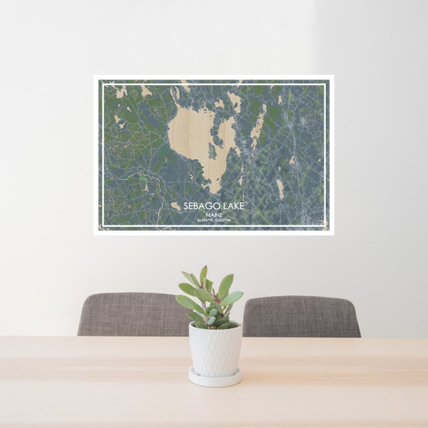 24x36 Sebago Lake Maine Map Print Lanscape Orientation in Afternoon Style Behind 2 Chairs Table and Potted Plant
