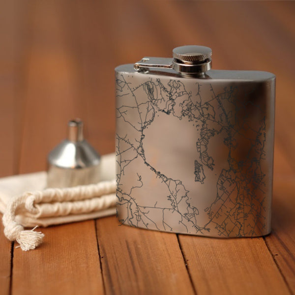 Sebago Lake Maine Custom Engraved City Map Inscription Coordinates on 6oz Stainless Steel Flask